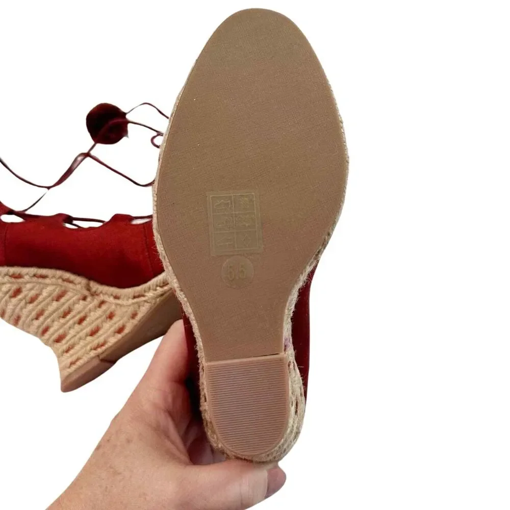 Tory Burch Pom Pom Wedge Espadrilles 5.5 Red NEW
